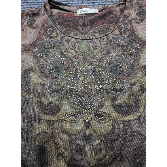Cactus Shirt Womens Medium Brown Red Paisley Rhinestone 3/4 Sleeve‎ Tunic Boho - Picture 7 of 7